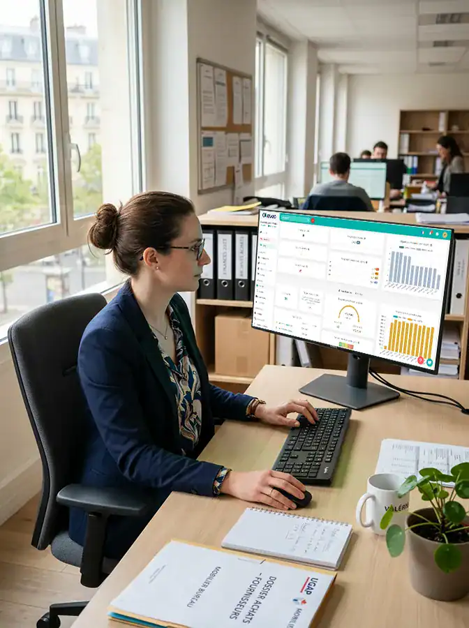 Femme travaillant sur un ordinateur ave des tableaux comptables