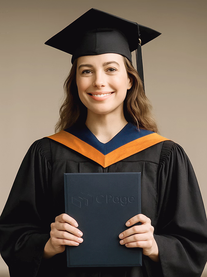 Femme en costume de diplômée avec un dossier à la main