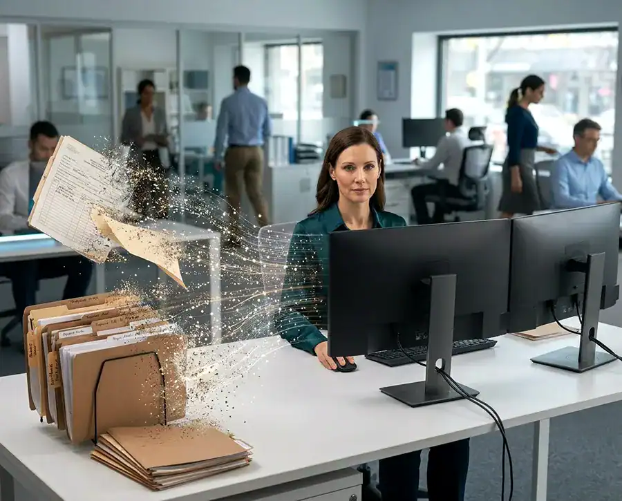 Femme travaillant devant un ordinateur avec papier dans les airs