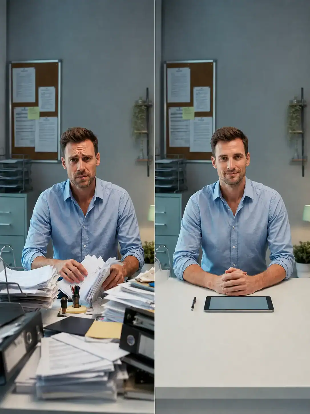 avant-après d'un homme devant son bureau